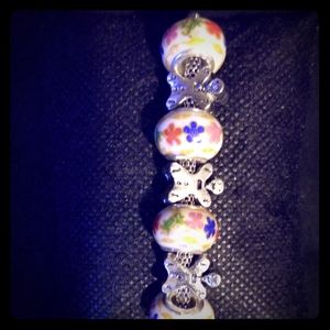 Blue and Red Flower Beaded  Charm Bracelet